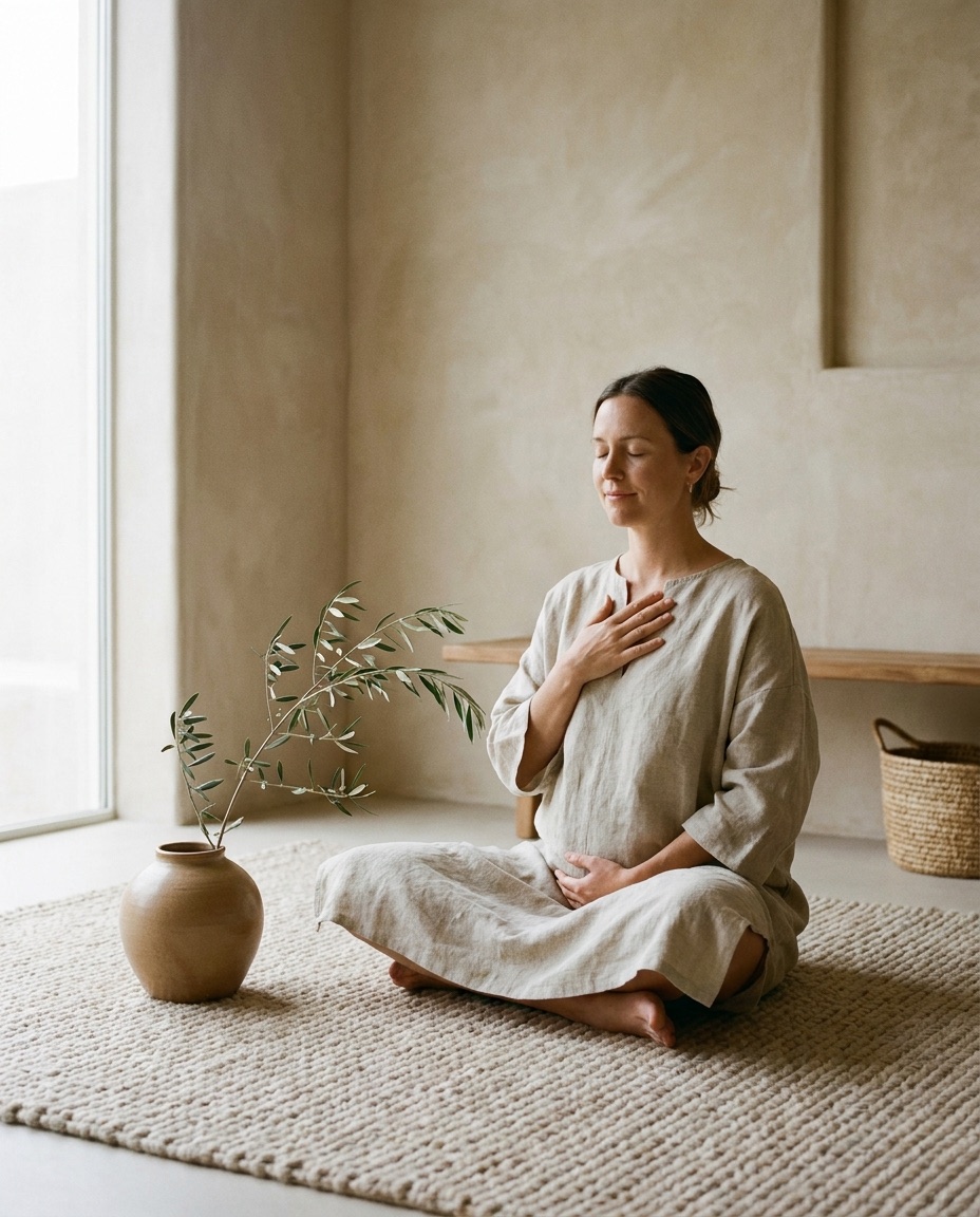 A woman breathing slowly with a hand on her chest