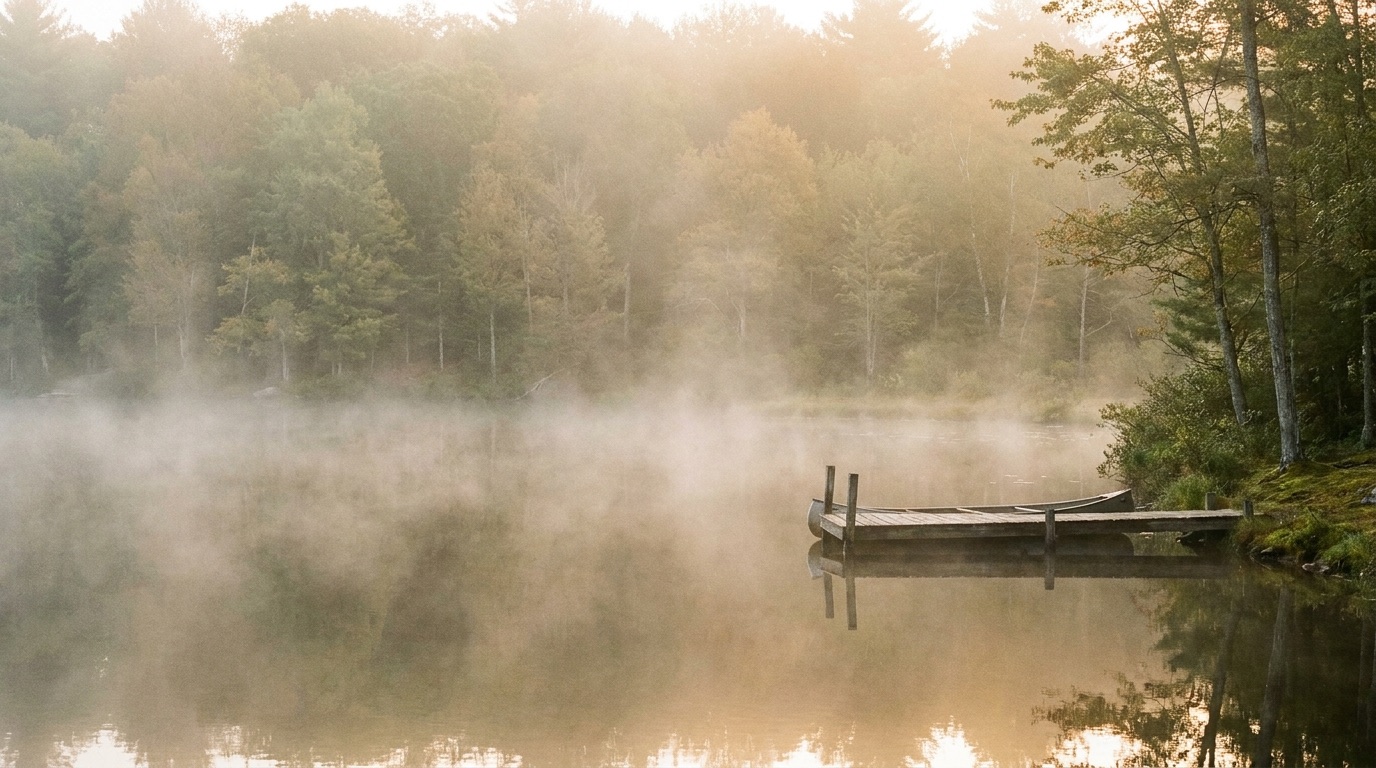 A still lake at dawn wrapped in soft morning mist