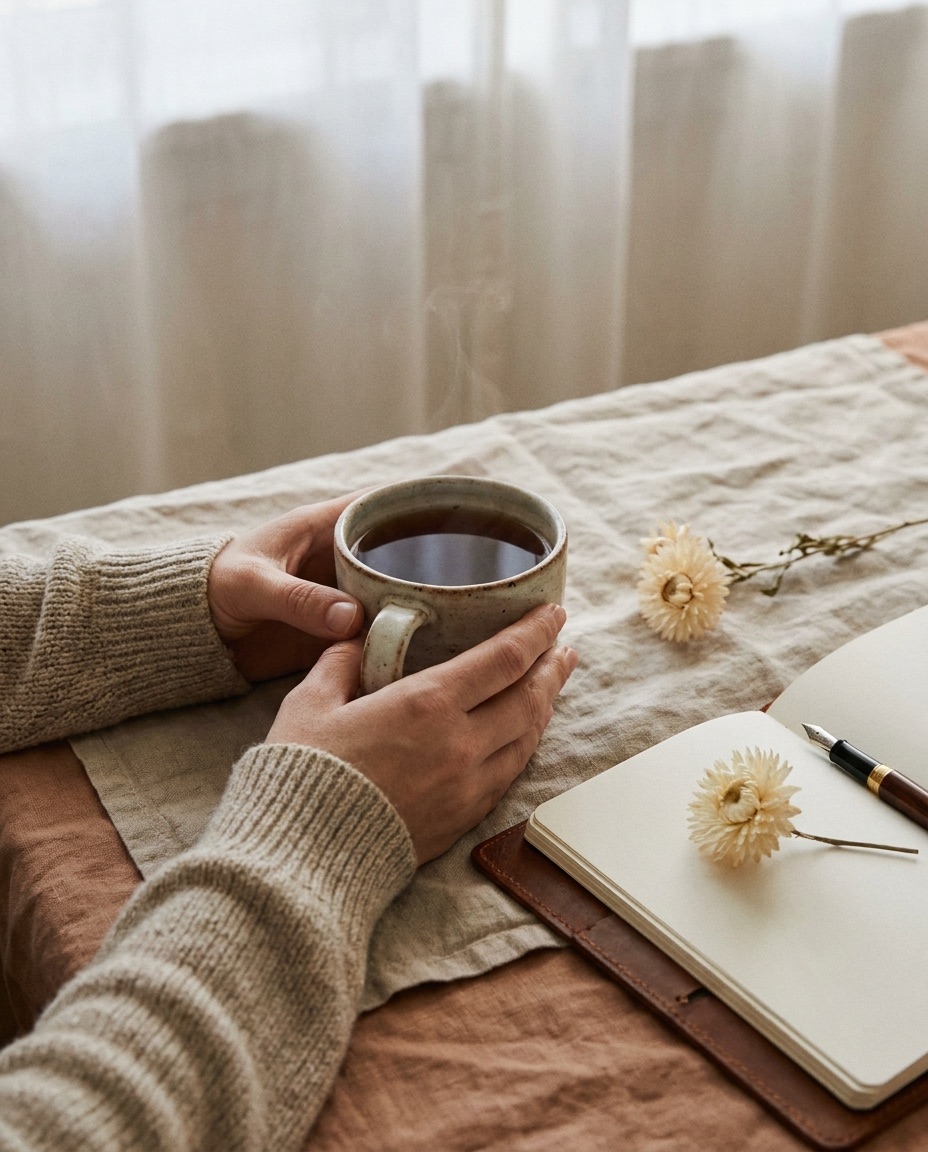 Hands around a warm cup of tea beside a journal