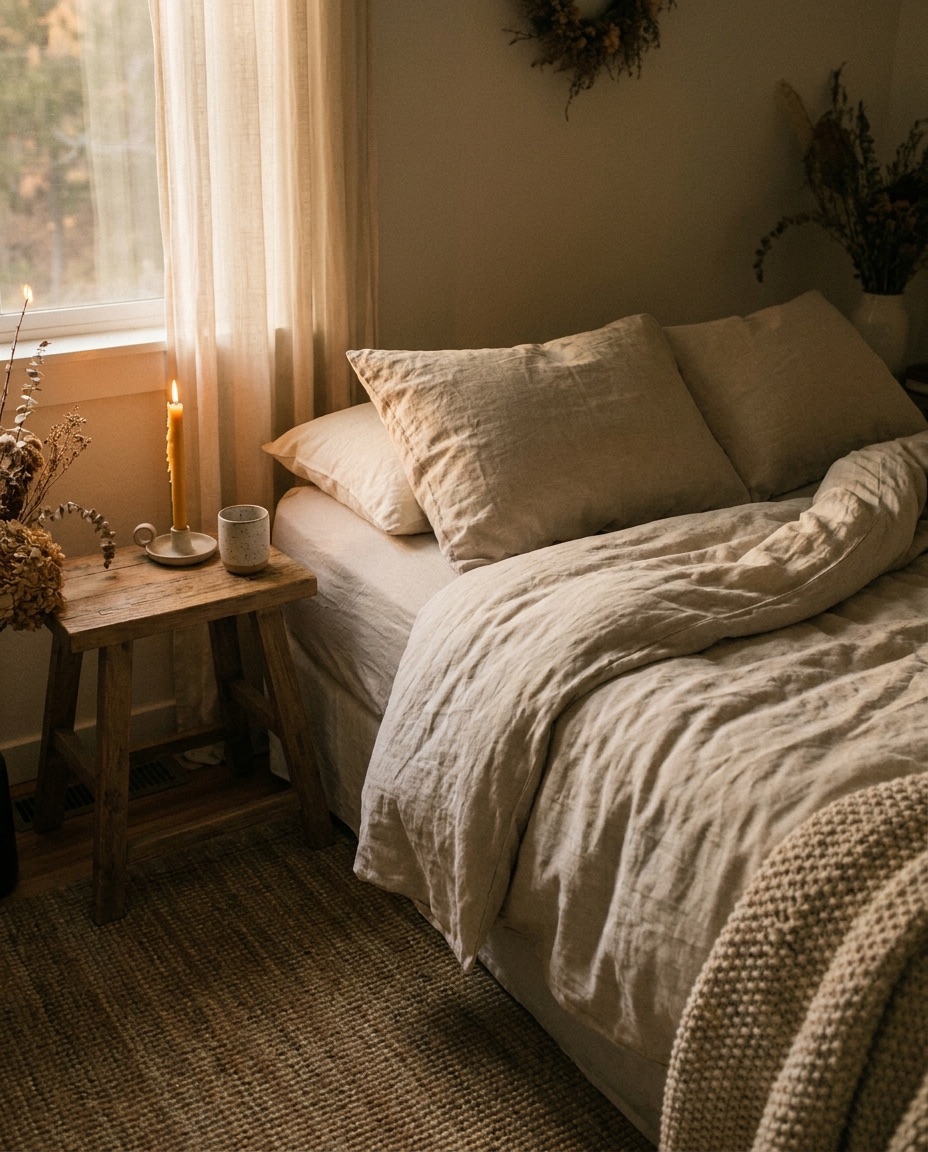 A warm bedroom at dusk with a single candle