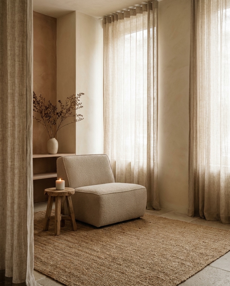A serene, warm wellness studio interior